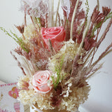 TROCKENBLUMENBOX MIT BALLON PERSONALISIERT + INFINITY ROSEN UND HORTENSIEN