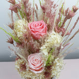 TROCKENBLUMENBOX MIT BALLON PERSONALISIERT + INFINITY ROSEN UND HORTENSIEN