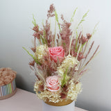 TROCKENBLUMENBOX MIT BALLON PERSONALISIERT + INFINITY ROSEN UND HORTENSIEN